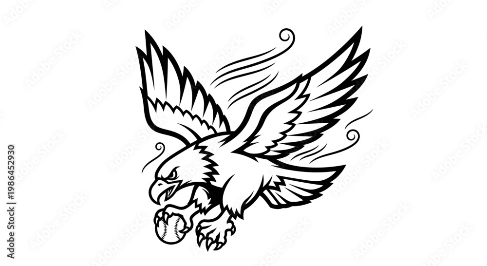 Obraz premium Black silhouette vector illustration of a flying eagle tattoo design with detailed wings and feathers