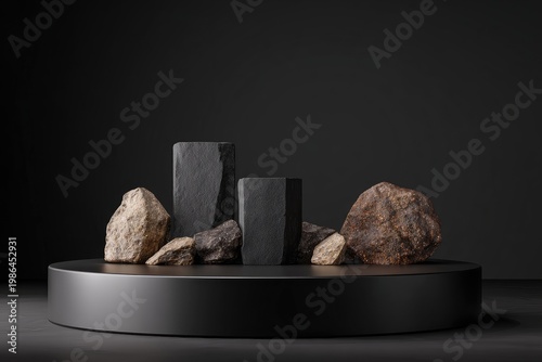 Minimalist scene showcasing a dark podium with textured rocks on a solid black background