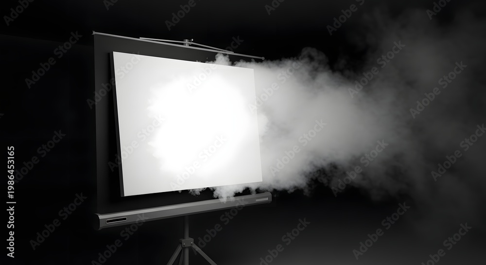 Fototapeta premium Smoke billows across a bright projector screen on a tripod stand in darkness
