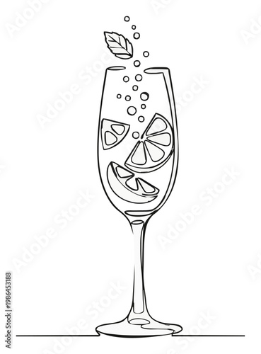 Prosecco glass wine floating line art graphic. Generative AI