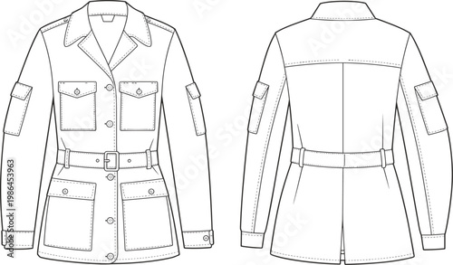 Utility jacket fashion sketch, button closure, flap pockets belt buckle waist, flat vector