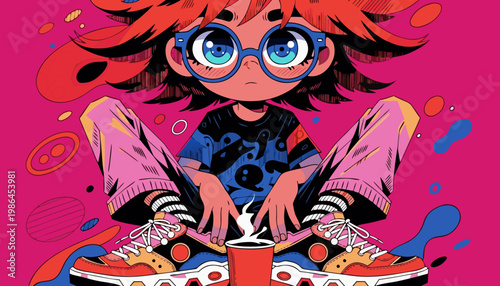 コーヒータイムを楽しむポップなキャラクター。マゼンタカラーの背景とレトロなストリートファッション