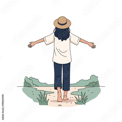 Vector illustration of a woman from behind wearing a straw hat and casual clothes, standing barefoot with arms wide open on a dirt path surrounded by green bushes and grass.