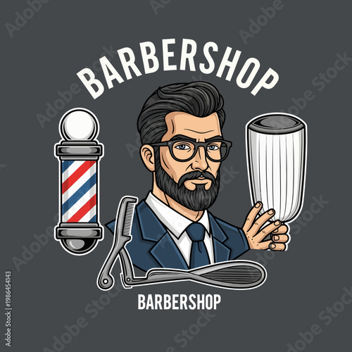 Barbershop vector illustration featuring a bearded man in a suit wearing glasses, accompanied by a traditional barber pole, straight razor, and shaving brush on a grey background.
