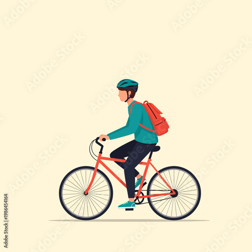 Flat vector illustration of a student wearing a safety helmet and red backpack riding a red bicycle for eco-friendly commuting and transportation on a plain cream background.