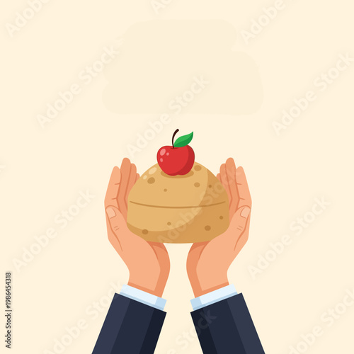Flat vector illustration of hands in business suit sleeves holding a large round loaf of bread or bun topped with a red apple, isolated on a light neutral beige background.