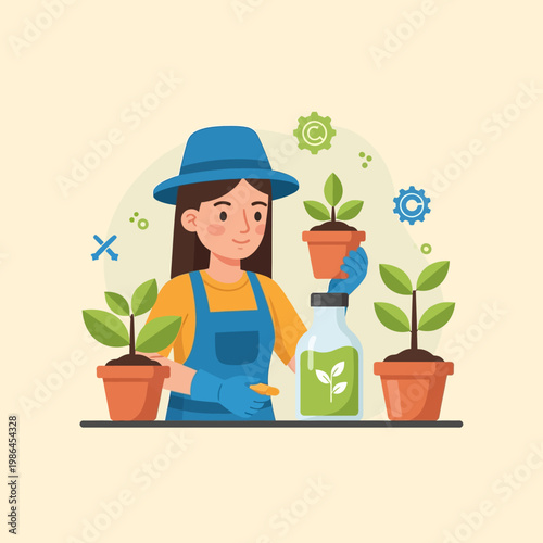 Flat vector illustration of a woman gardener in a blue hat and apron, holding a potted seedling and a bottle of organic liquid fertilizer, featuring multiple plants in terracotta pots.