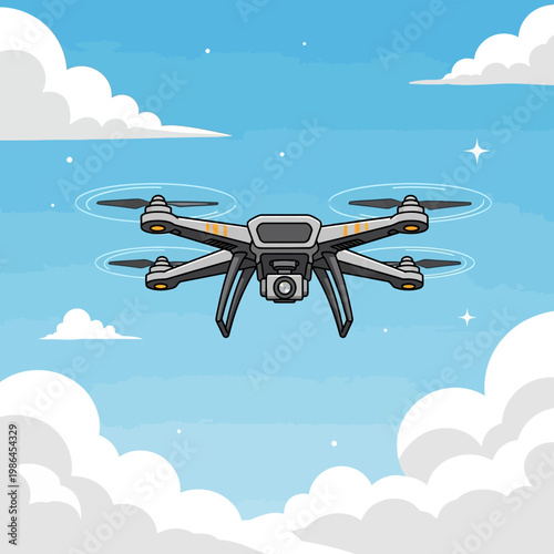 Vector illustration of a grey quadcopter drone with an integrated camera flying in a blue sky among white fluffy clouds, modern remote controlled aerial vehicle design.