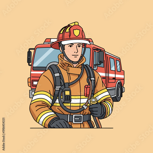 Vector illustration of a male firefighter in protective gear, wearing a red helmet and turnout suit, standing in front of a red fire engine on a solid peach background.