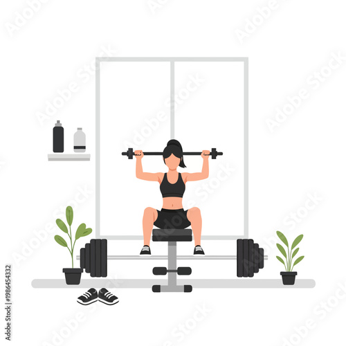 Flat vector illustration of a woman performing a seated shoulder press with a barbell on a weight bench in a minimalist home gym setting with potted plants and equipment.
