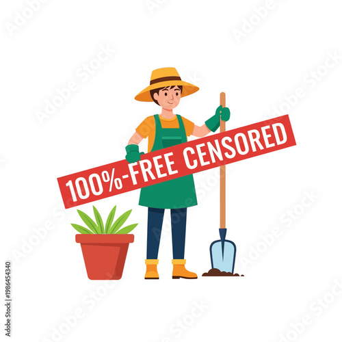 Flat vector illustration of a gardener in a sun hat and apron holding a shovel, next to a potted plant, with a red bar saying 100% free censored over his waist on white background.