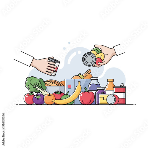 Flat vector illustration of human hands placing canned goods and fresh produce like bananas, tomatoes, and peppers into a donation box for a community charity food drive event.