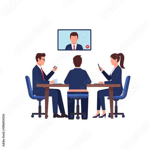 Vector illustration of business people at a conference table during a video call, featuring a man from the back with his pants down in a humorous wardrobe malfunction mishap.