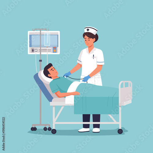 Medical vector illustration of a female nurse wearing a uniform and cap using a stethoscope to check a male patient in a hospital bed with an IV pole and monitor nearby.