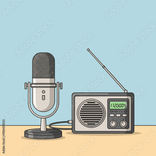 Vector illustration of a professional silver condenser microphone on a stand connected to a grey digital radio receiver with a telescopic antenna, buttons, and frequency display.