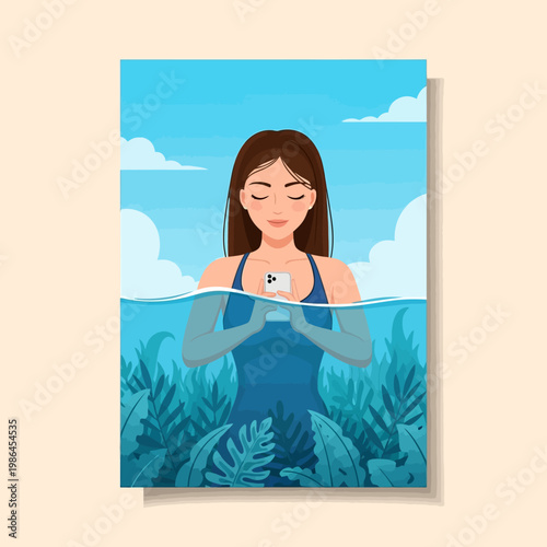 Flat vector illustration of a serene woman with closed eyes submerged in water holding a smartphone, surrounded by lush underwater leaves under a clear blue sky with white clouds.