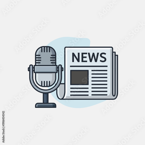Flat vector illustration of a vintage condenser microphone next to a folded newspaper with a bold NEWS headline, representing journalism, press freedom, and broadcast media communication.