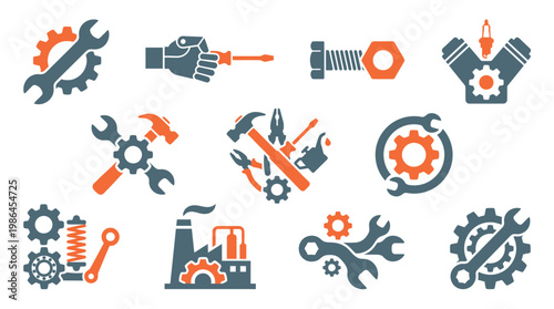 Collection of industrial and mechanical icons representing tools, machinery, and engineering concepts.