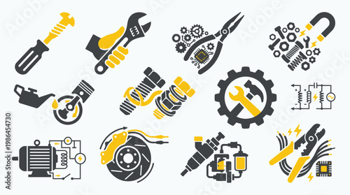 A collection of detailed vector icons representing various automotive and mechanical tools and components, including wrenches, screwdrivers, engines, brakes, and electrical parts.