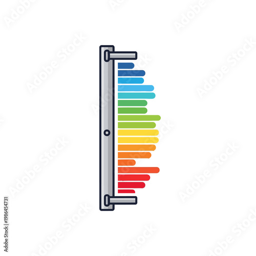 Vertical meteorological indicator scale featuring horizontal bars in a rainbow gradient from blue to red, mounted on a grey support pole, isolated on a white background for data display.
