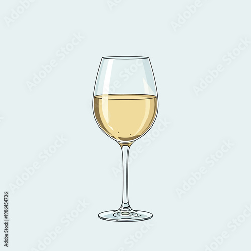 A single stemware glass filled with pale yellow white wine, such as Sauvignon Blanc or Chardonnay, depicted in a clean minimalist hand-drawn vector illustration on a plain light background.