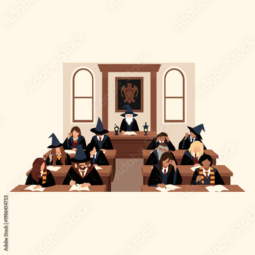 Flat vector illustration of a magic school classroom featuring a bearded wizard teacher at a podium and diverse students in black robes and pointed hats studying at wooden desks.