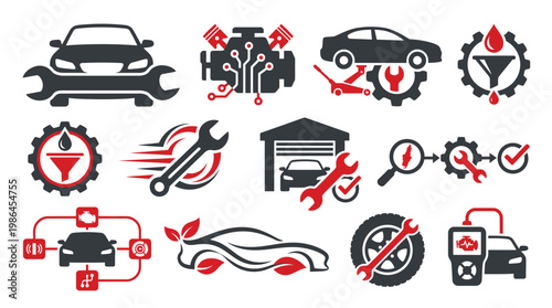 Collection of stylized icons representing various aspects of automotive repair, maintenance, and technology.