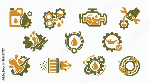 Collection of Automotive Maintenance and Repair Icons Featuring Gears, Tools, Oil, and Filters.