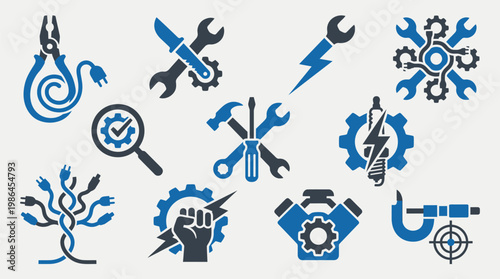Collection of blue and dark blue icons representing tools, engineering, mechanics, and electrical work.