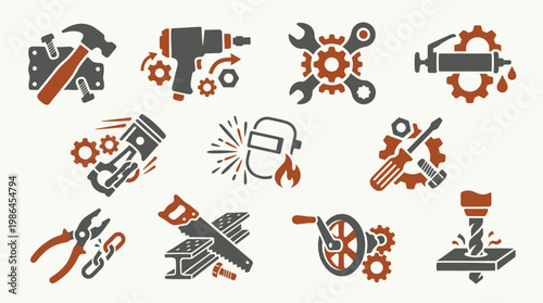 A collection of industrial and mechanical tool icons, including hammers, drills, wrenches, welding equipment, saws, and more, set against a neutral background.
