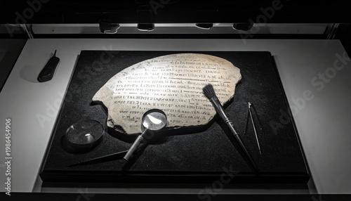 Archaeological excavation reveals ancient inscribed ostracon fragment with tools for close study