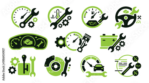 Collection of Automotive Service and Repair Icons Featuring Tools, Dashboard Gauges, and Car Parts.