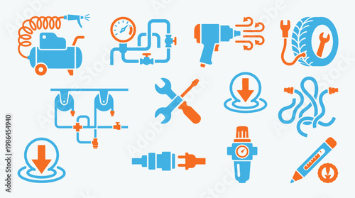 Collection of industrial and mechanical icons representing tools, equipment, and processes related to air compression and mechanics.