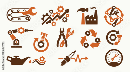 A collection of industrial and mechanical icons representing various aspects of manufacturing, engineering, and automotive services.