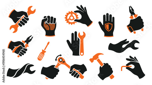 Collection of hands in black gloves holding various tools and mechanical parts, symbolizing work and repair.