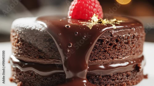 Macro close-up of a two-layer chocolate sponge cake with liquid chocolate ganache dripping down the side, topped with a fresh red raspberry, edible gold leaf, and powdered sugar.