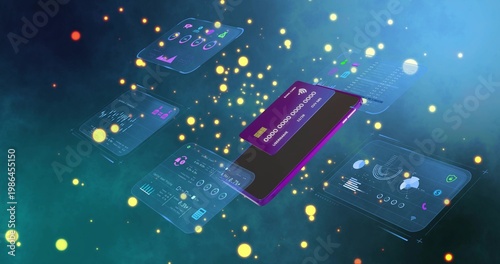 Floating purple phone displaying hologram charts in virtual space, reacting to purple card tap