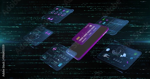Receiving payment signal angled smartphone showing purple virtual card over UI panels in cyberspace