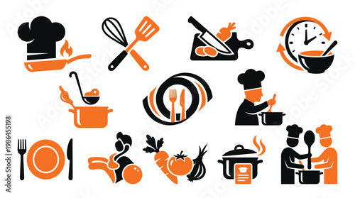 Collection of cooking and culinary icons representing various kitchen activities, ingredients, and chefs.