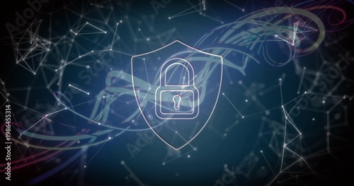 Receiving pulses, central glowing shield with padlock pulsing and defending in cyber network nodes