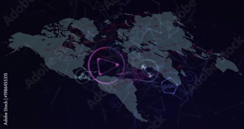 Displaying stylized world map on digital dashboard centered on Americas, purple play-button, nodes