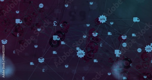 Displaying commerce network on teal purple gradient connecting lines 3D nodes truck box £ sale tags