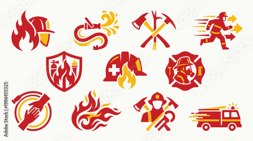 Collection of firefighter icons and symbols representing emergency services, safety, and rescue operations.