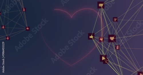 Glowing magenta heart pulsing on purple gradient, with lime lines connecting icon tiles and nodes