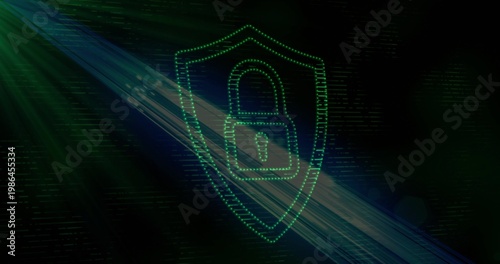 Pulsing dotted neon shield showing padlock on dark gradient, responding to teal light for security