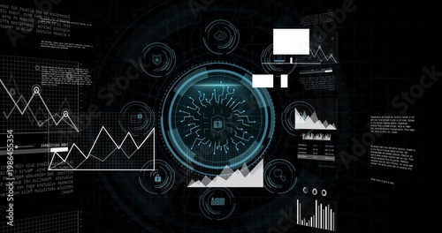 Showing central circular interface with padlock, circuits pulsing on security UI, graphs updating