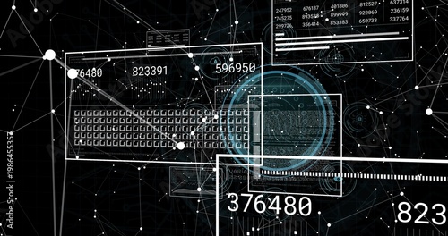 Displaying digital dashboard occupying center on dark grid, showing keyboard schematic HUD