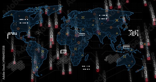 Global map pulsing binary streams, flagging hex nodes and warnings on network alert for security