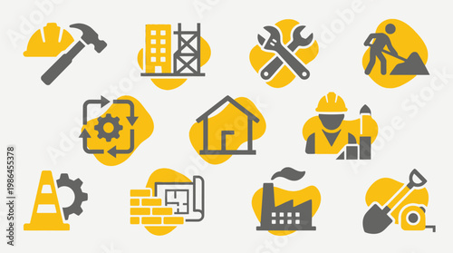 Collection of construction and industry-related icons, featuring tools, buildings, and workers, presented in a yellow and grey color scheme.