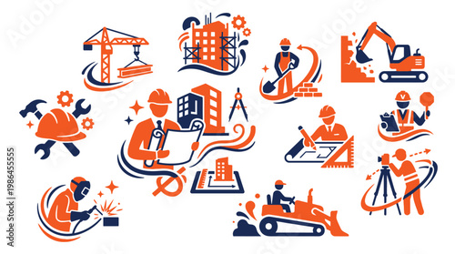 Collection of construction and engineering icons depicting various aspects of building, development, and skilled labor.